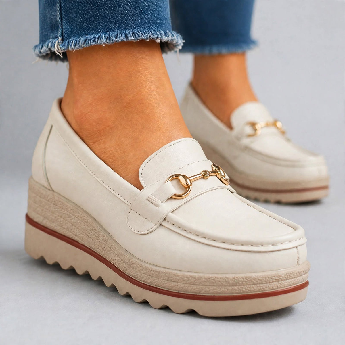 Audrey gold-bit wedge loafers in Cream