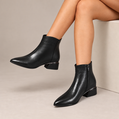 Clarabelle Pointed-Toe Low Heel Ankle Boots in Black