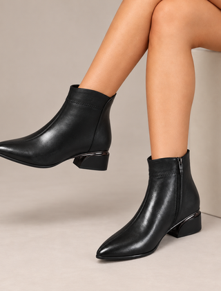 Clarabelle Pointed-Toe Low Heel Ankle Boots in Black