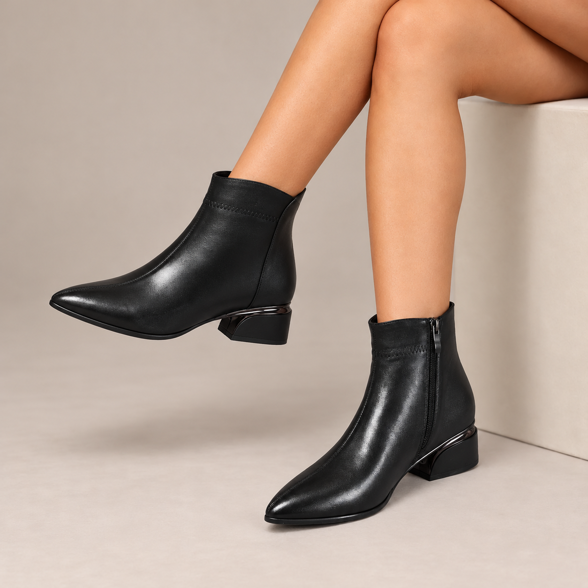 Clarabelle Pointed-Toe Low Heel Ankle Boots in Black