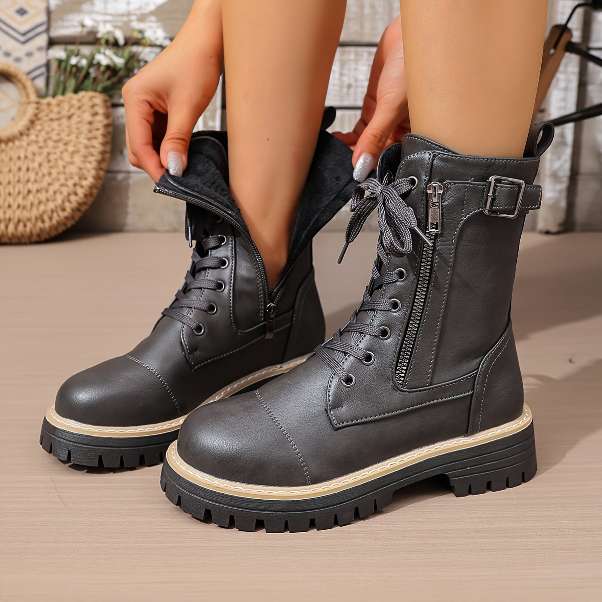Cassia Lace-Up Side-Zip Combat Boots