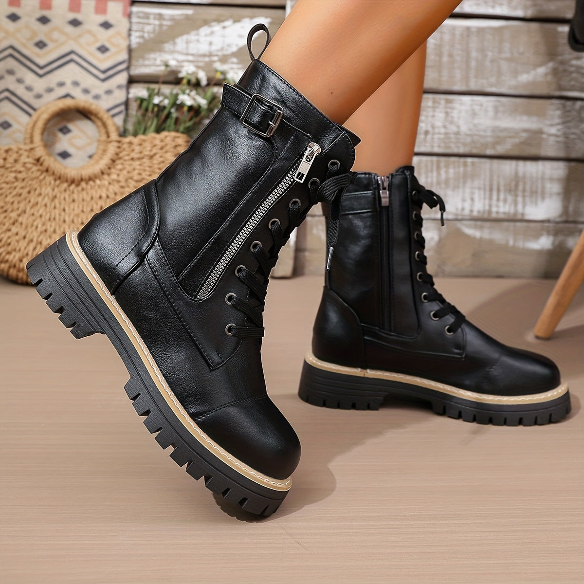 Cassia Lace-Up Side-Zip Combat Boots