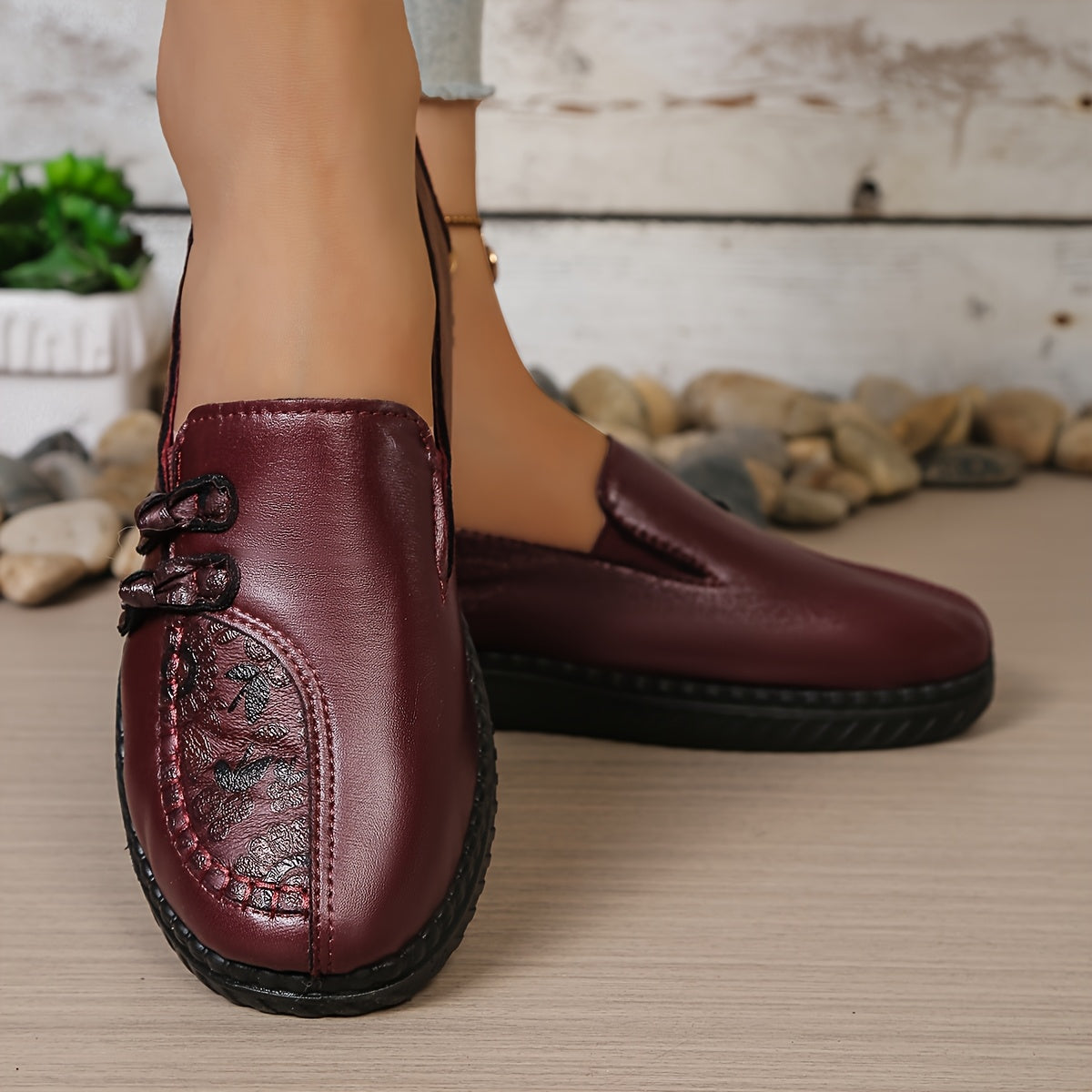 Ianthe Floral Detail Comfort Loafers in Burgundy