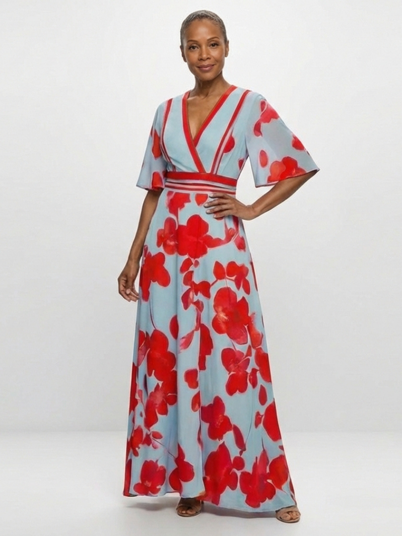 Kirsten | Blue Floral Short-Sleeve Maxi Dress