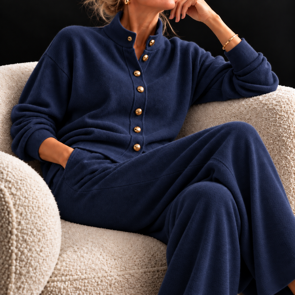 Nedra Cashmere Knit Lounge Set in Navy Blue