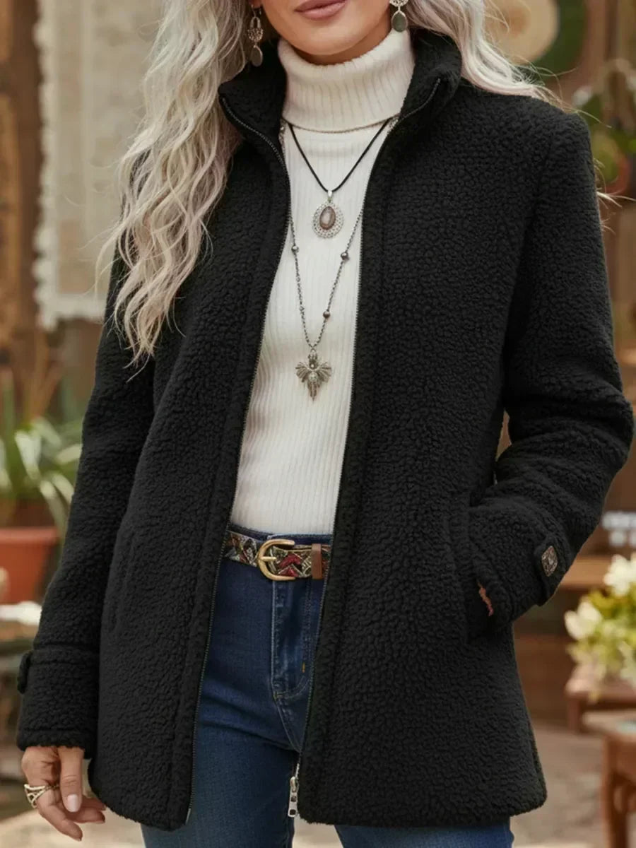 Edwina Cozy Stand-Collar Full-Zip Jacket in Black