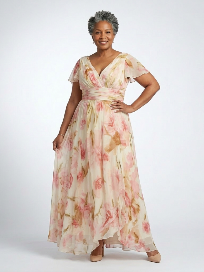 Lindsey | Pink Floral Short-Sleeve Maxi Dress