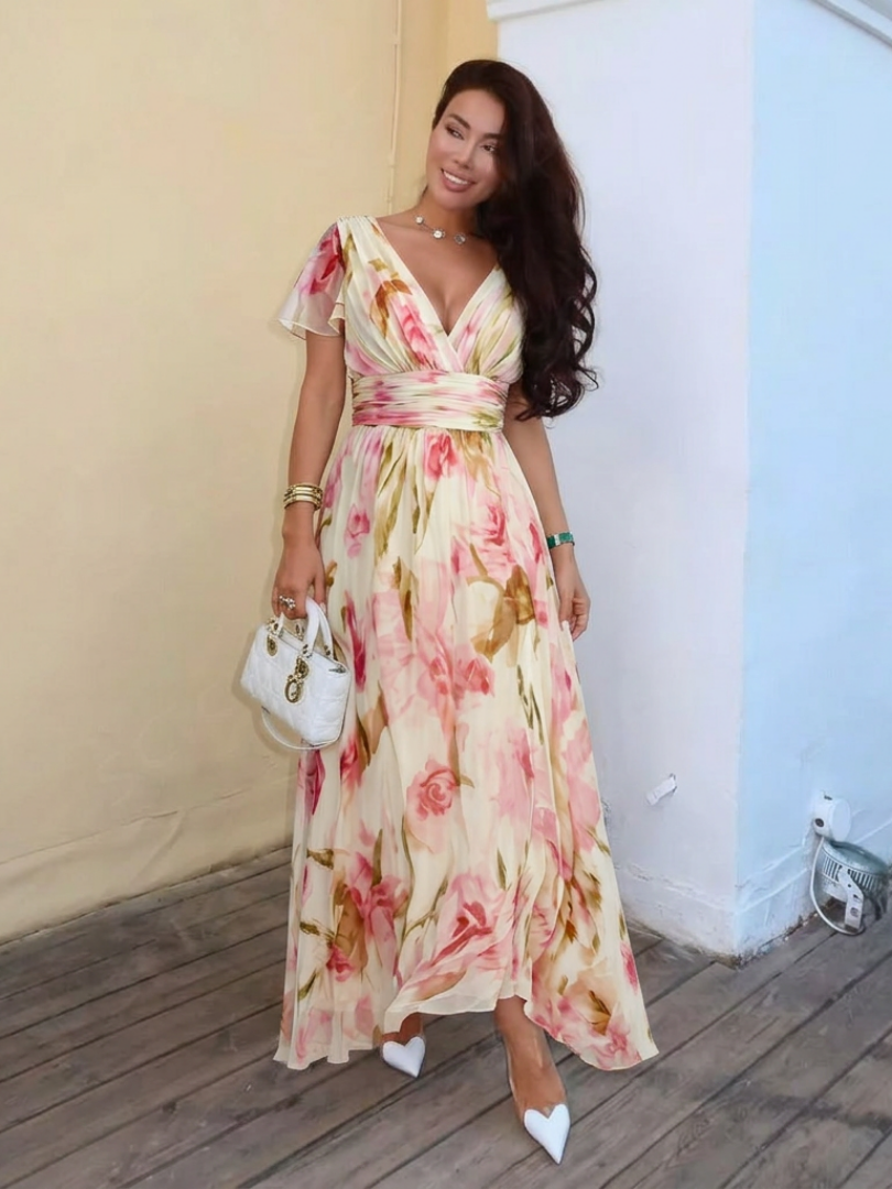 Lindsey | Pink Floral Short-Sleeve Maxi Dress