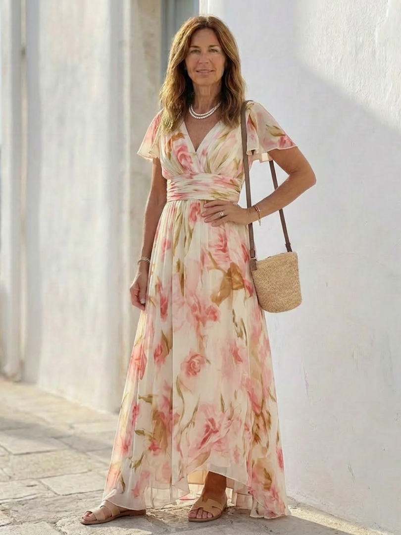 Lindsey | Pink Floral Short-Sleeve Maxi Dress