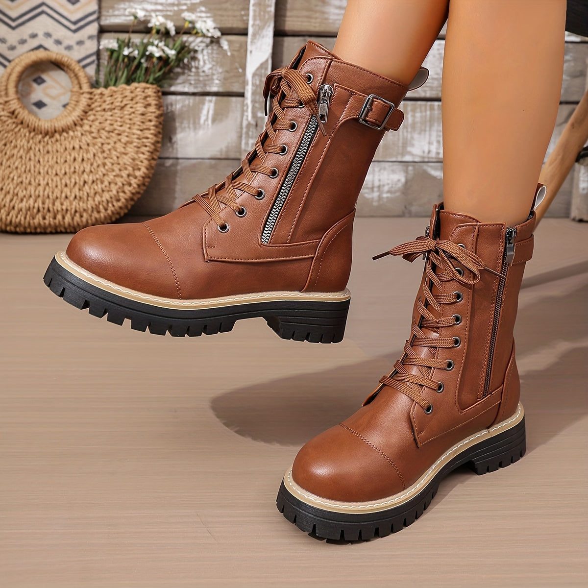 Cassia Lace-Up Side-Zip Combat Boots