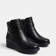 Dorrie Side-Zip Buckle Strap Ankle Boots in Black