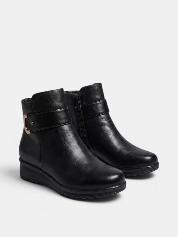 Dorrie Side-Zip Buckle Strap Ankle Boots in Black