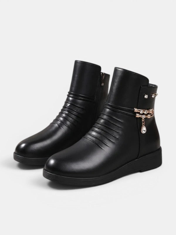 Zinnia Ruched Jewel-Chain Wedge Ankle Boots in Black