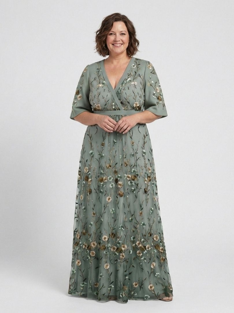 Lisbeth | Green Floral Sheer-Sleeve Maxi Dress