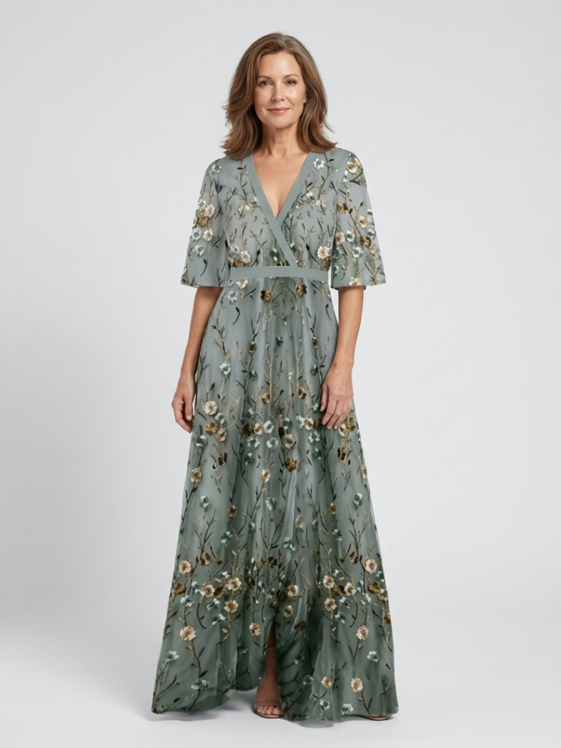 Lisbeth | Green Floral Sheer-Sleeve Maxi Dress