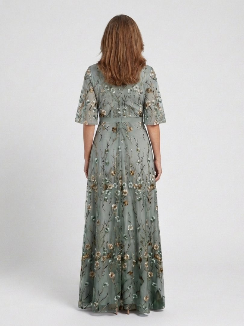 Lisbeth | Green Floral Sheer-Sleeve Maxi Dress