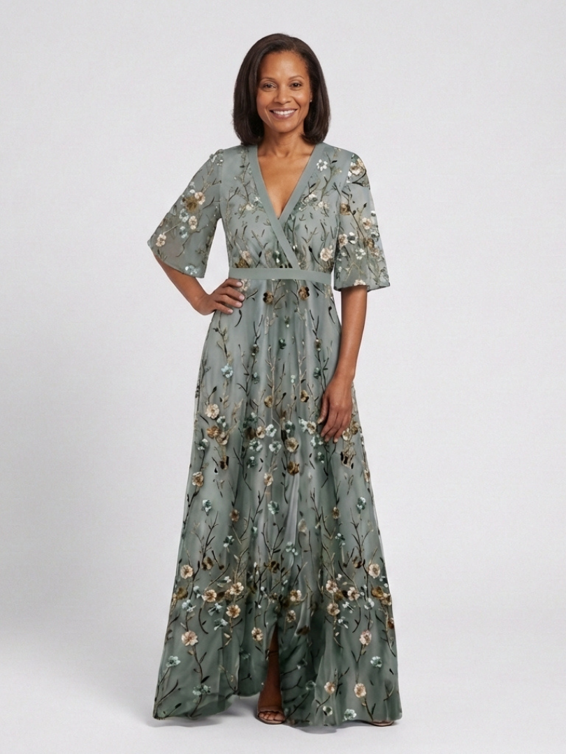 Lisbeth | Green Floral Sheer-Sleeve Maxi Dress