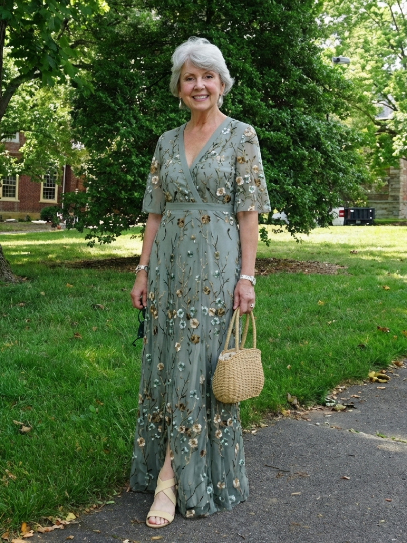 Lisbeth | Green Floral Sheer-Sleeve Maxi Dress