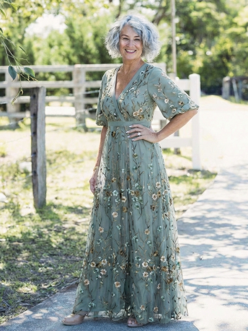 Lisbeth | Green Floral Sheer-Sleeve Maxi Dress