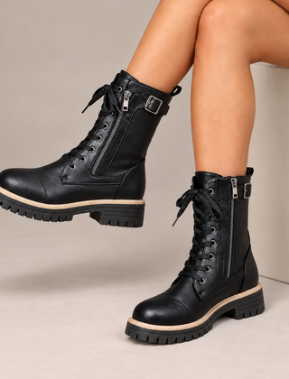 Cassia Lace-Up Side-Zip Combat Boots in Black