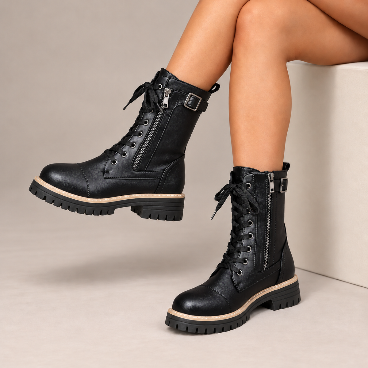 Cassia Lace-Up Side-Zip Combat Boots in Black