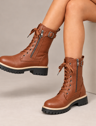Cassia Lace-Up Side-Zip Combat Boots in Cognac