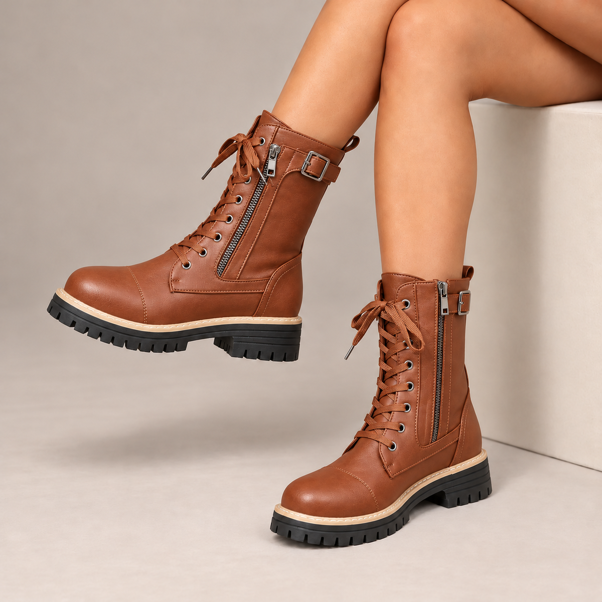 Cassia Lace-Up Side-Zip Combat Boots in Cognac