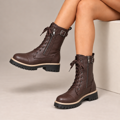 Cassia Lace-Up Side-Zip Combat Boots in Dark Brown