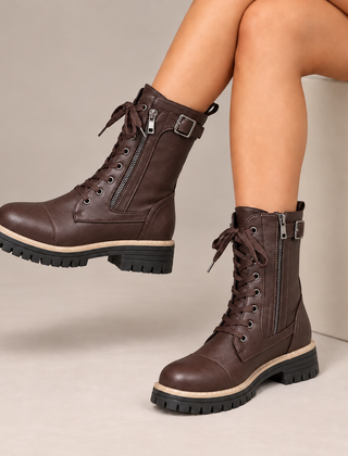 Cassia Lace-Up Side-Zip Combat Boots in Dark Brown