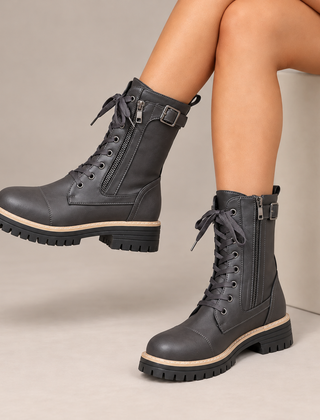 Cassia Lace-Up Side-Zip Combat Boots in Gray