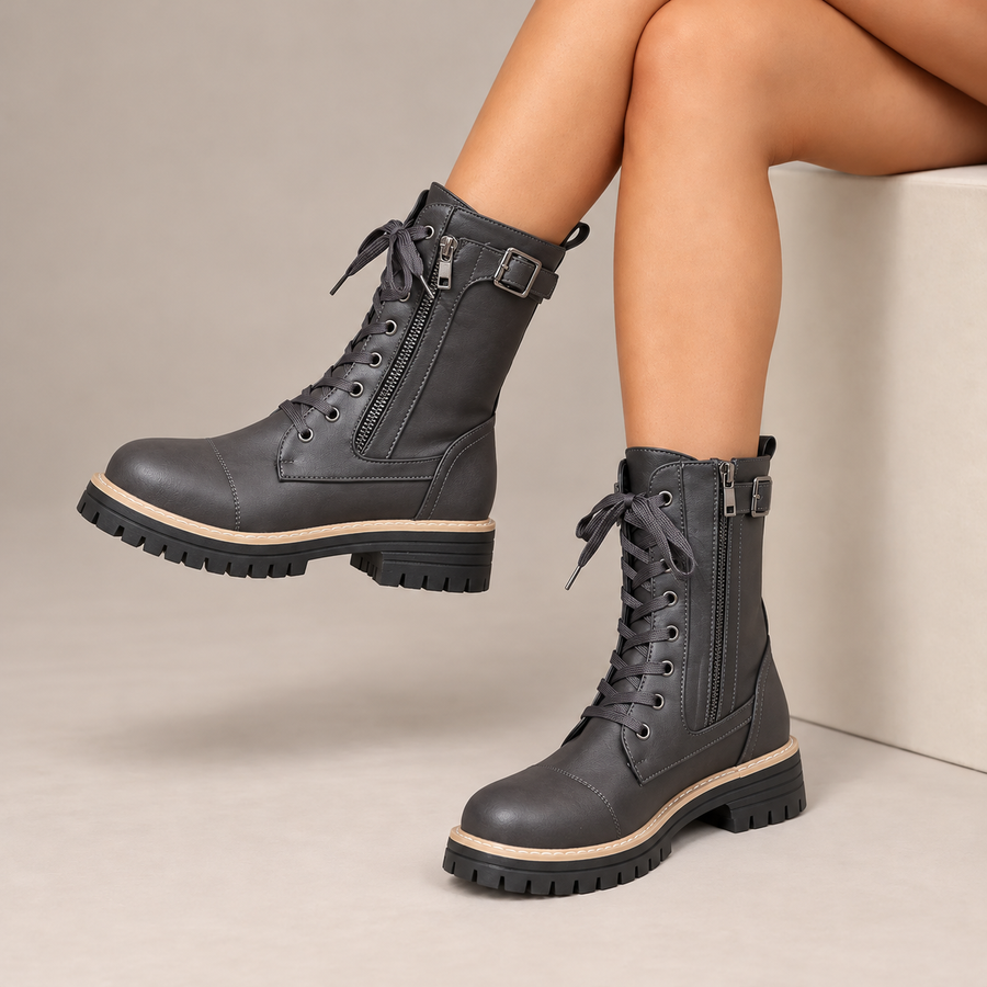 Cassia Lace-Up Side-Zip Combat Boots in Gray