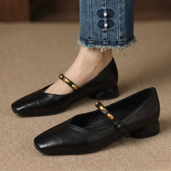 Edmee Square-Toe Mary Jane Flats in Black