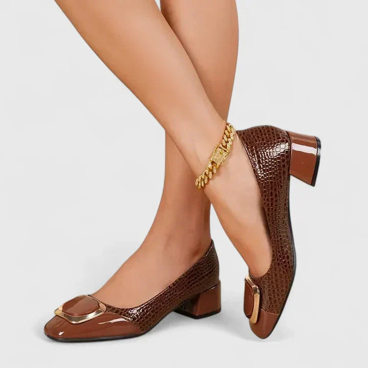 Dinah square-toe buckle block heel loafers