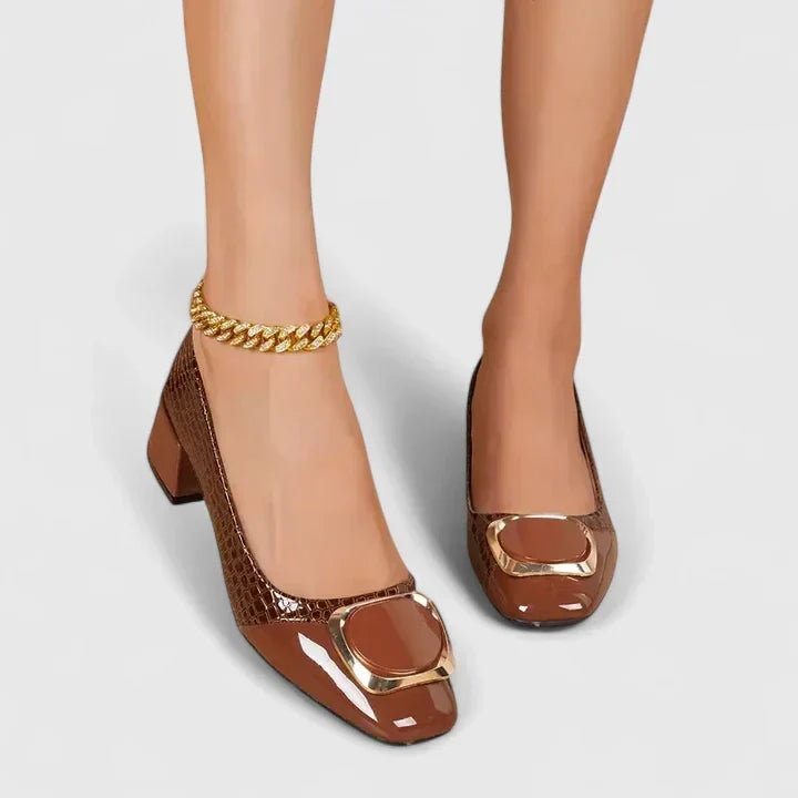 Dinah square-toe buckle block heel loafers