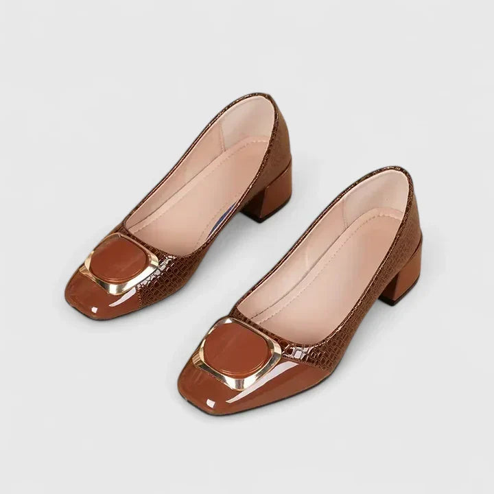 Dinah square-toe buckle block heel loafers