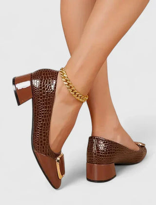 Dinah square-toe buckle block heel loafers in Brown