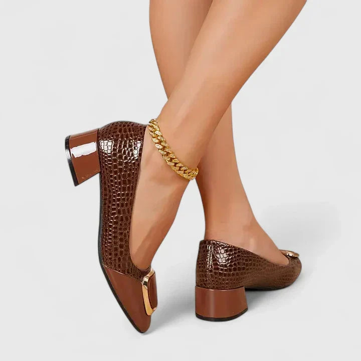 Dinah square-toe buckle block heel loafers in Brown