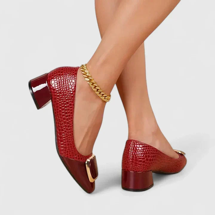 Dinah square-toe buckle block heel loafers in Burgundy