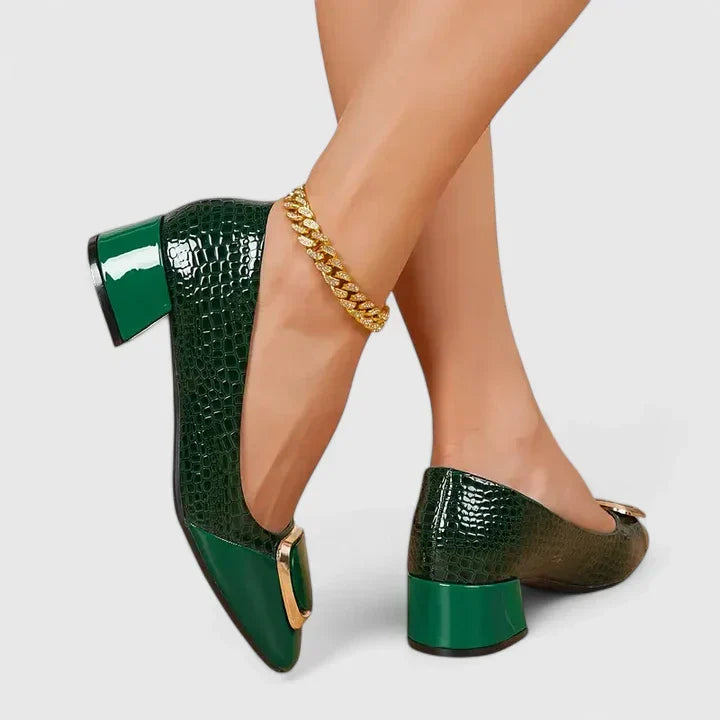 Dinah square-toe buckle block heel loafers in Green
