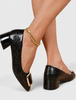 Dinah square-toe buckle block heel loafers in Black