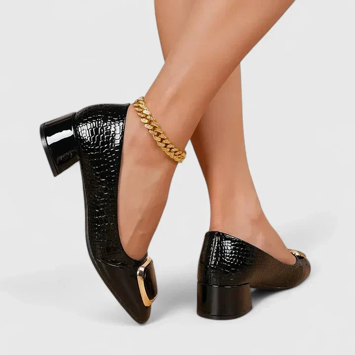 Dinah square-toe buckle block heel loafers in Black