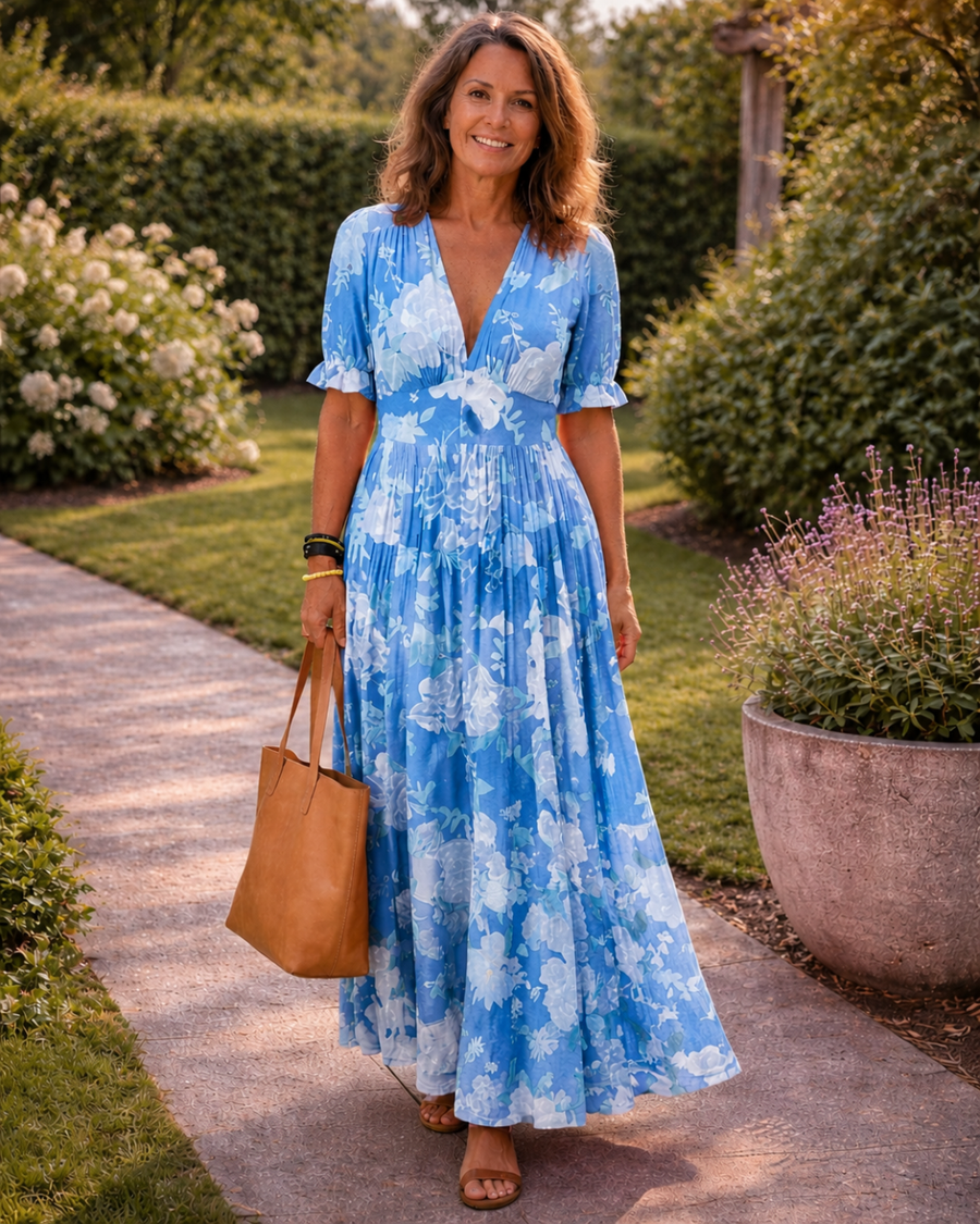 Lianne | Floral V-Neck Short-Sleeve Midi Dress