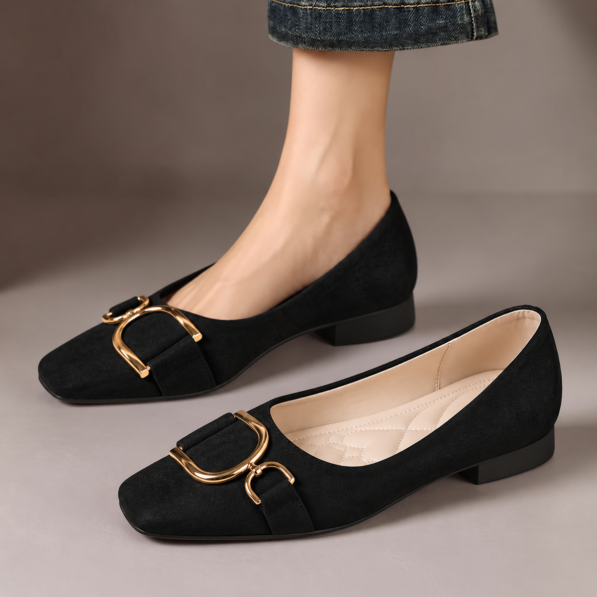 Keira Square-Toe Buckle Ballet Flats