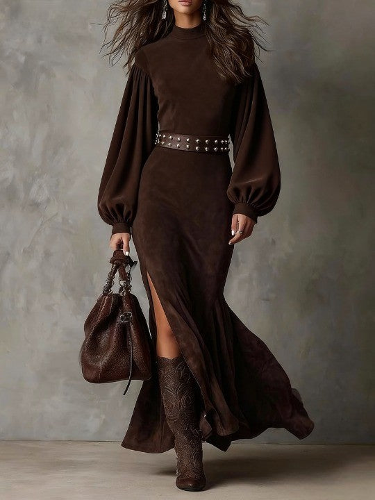 Elmira | Lantern-Sleeve Mock Neck Midi Dress