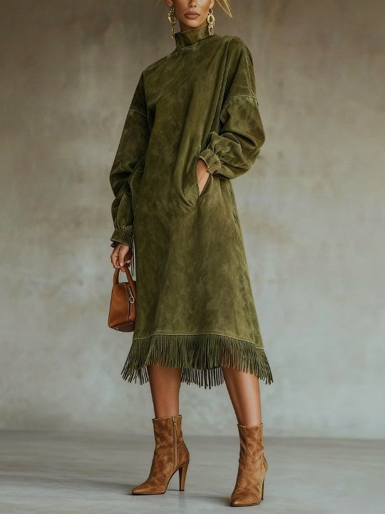 Emmaline | Suede-Look Fringe Puff-Sleeve Midi Dress