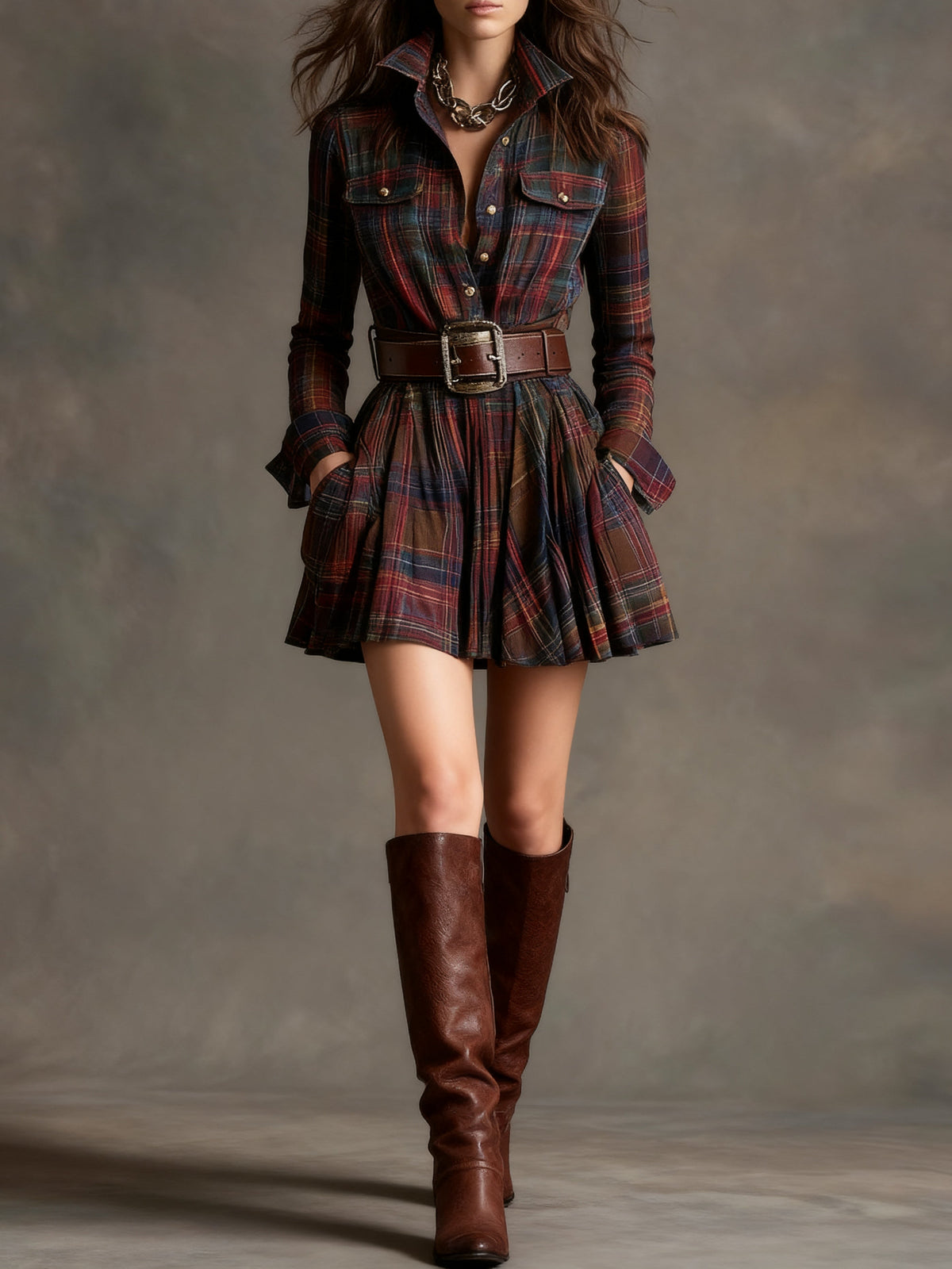 Essie | Checked Collared Belted Dress