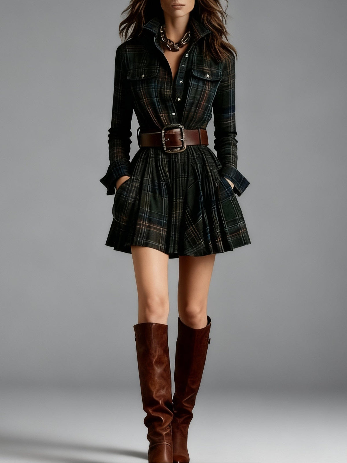 Essie | Checked Collared Belted Dress