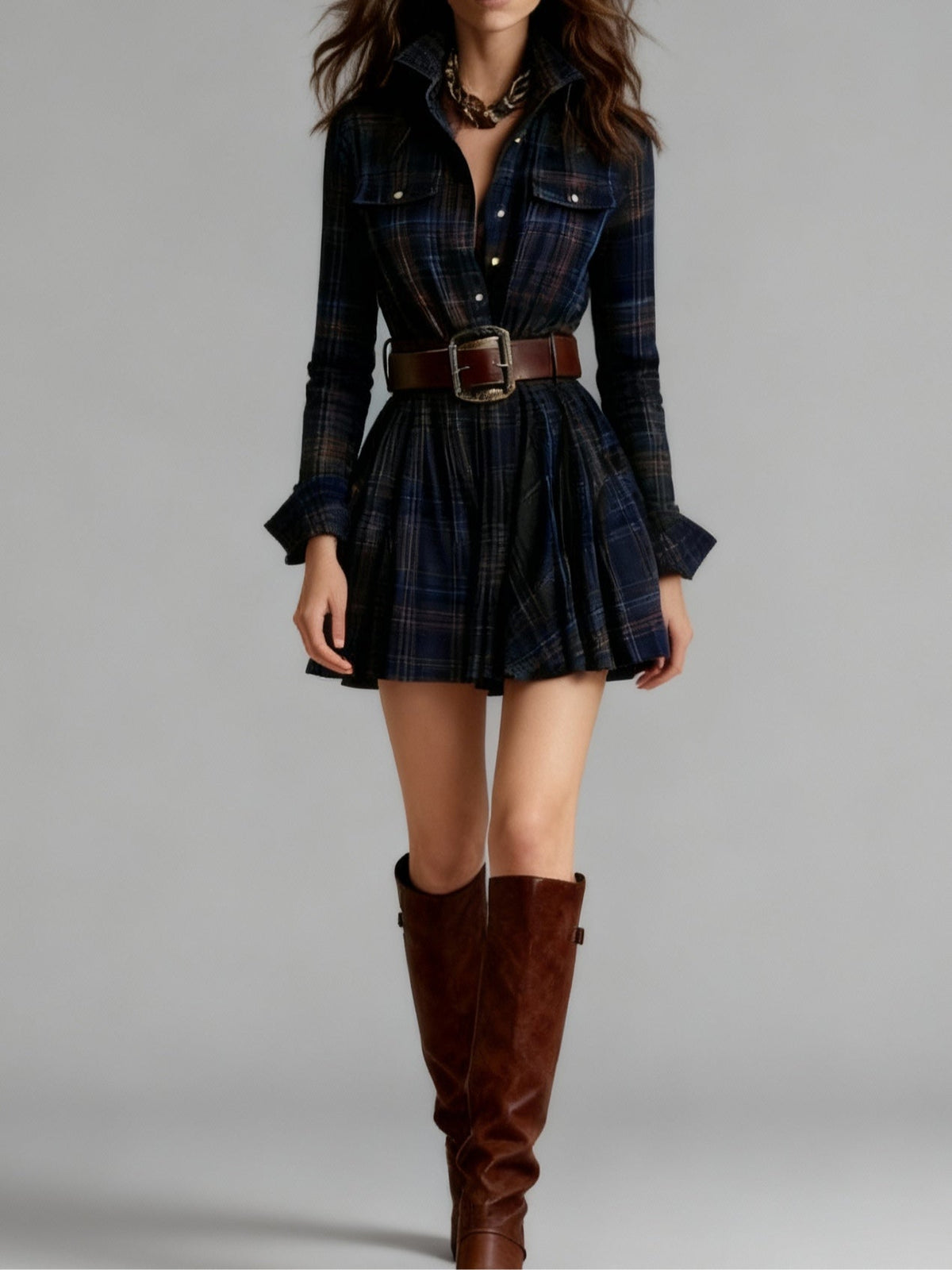 Essie | Checked Collared Belted Dress