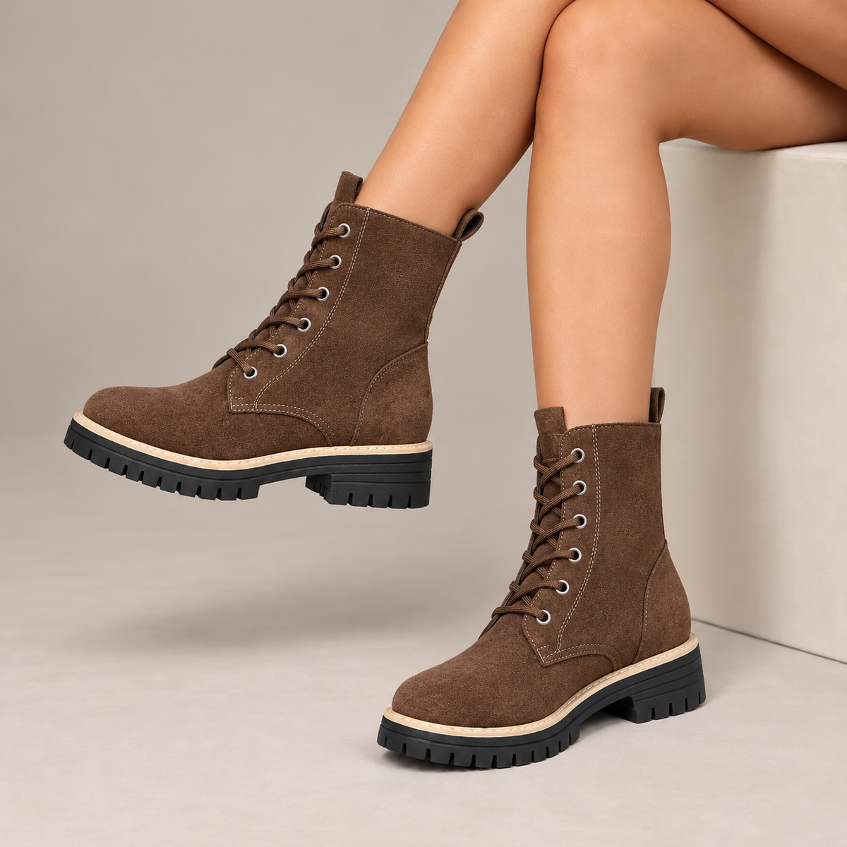Cosette Lace-Up Platform Boots in Brown