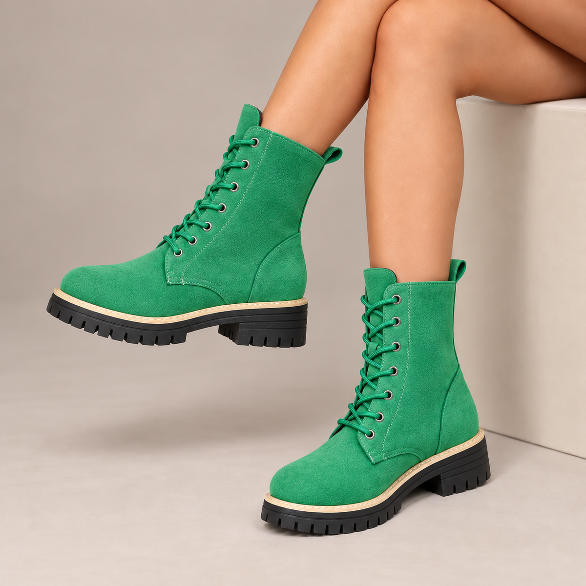Cosette Lace-Up Platform Boots in Emerald
